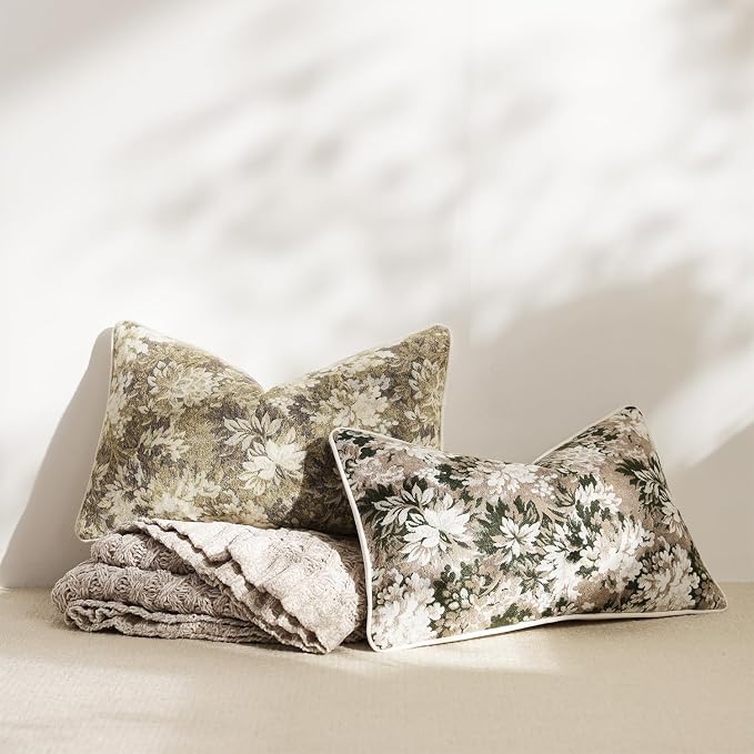 Pack of 2 Vintage Floral Pillow Covers 12x20 Boho Farmhouse Accents Chenille Rectangular Lumbar Decorative Throw Pillow Cases for Living Room Couch Bed Home Decor, Beige