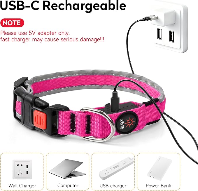 LED Dog Collar, Light Up Dog Collar,for Night Walking(Large,Pink) | Adjustable,Bright RGB 7 Colors Light Glowing Collar,Waterproof,Nylon,Soft,For Medium and Large Dogs,USB C to Charge