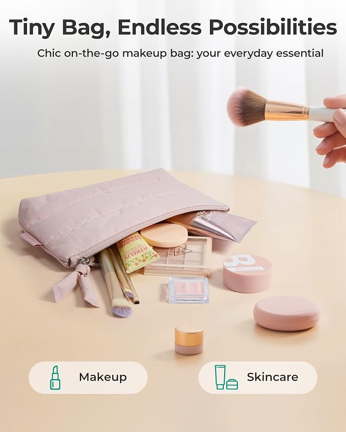 BAGSMART Small Makeup Bag – Slim 1.6", Machine Washable, Puffy Travel Pouch | Ultra-compact 1.6" profile; disappears into crowded totes, backpacks, carry-ons