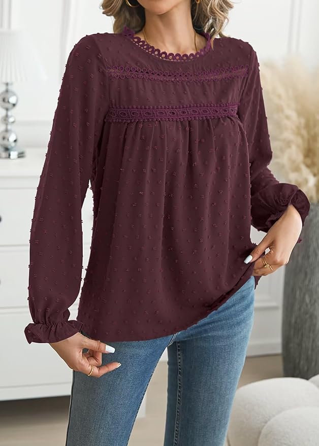 Womens Boho Tops Long Sleeve Shirts For Women Cute Crewneck Blouse Dressy Casual Swiss Dot Crochet Hollow Top 2026
