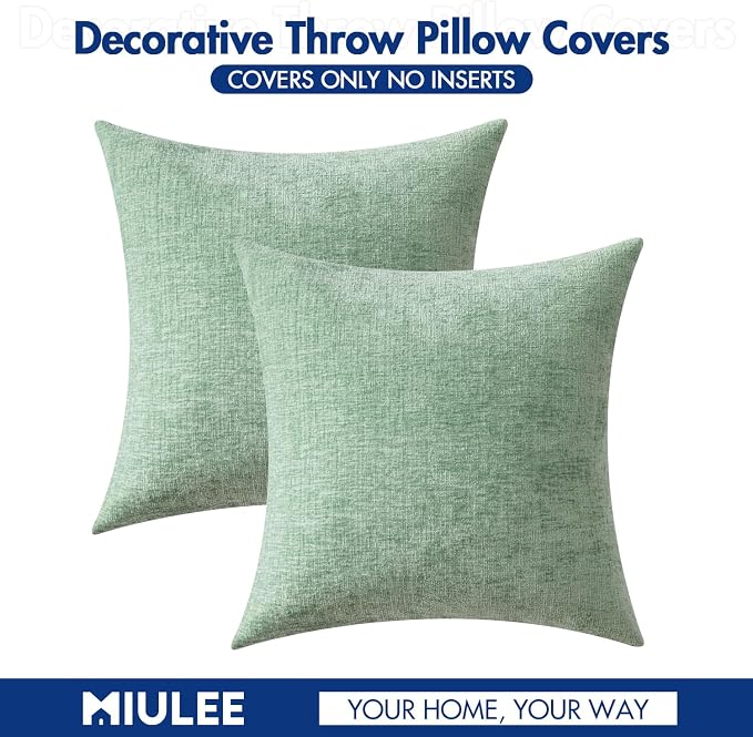 MIULEE Soft Chenille Throw Pillow Covers Greyish Green 16x16 Pack of 2 | Modern Home Decor, Classic Decorative Pillows, Solid Dyed Cases, Boho Couch Cushion Covers for Sofa Bed Living Room