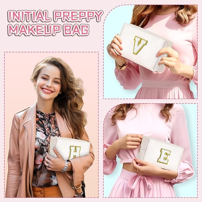 TOPEAST Preppy Makeup Bag, Small Cosmetic Travel Bags for Women, PU Leather Waterproof Toiletry Bag with Zipper, Personalized Birthday Gift for Women Girl, Preppy Gifts for Girl (White F)