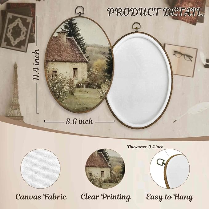 LKETW Rustic Farmhouse Country Oval Wall Art Decor, Cottagecore Antique Oval Canvas Hanging Decor, Vintage Countryside Landscape Wall Decorations for Home Bedroom Living Room, 8.6x11.4 Inch