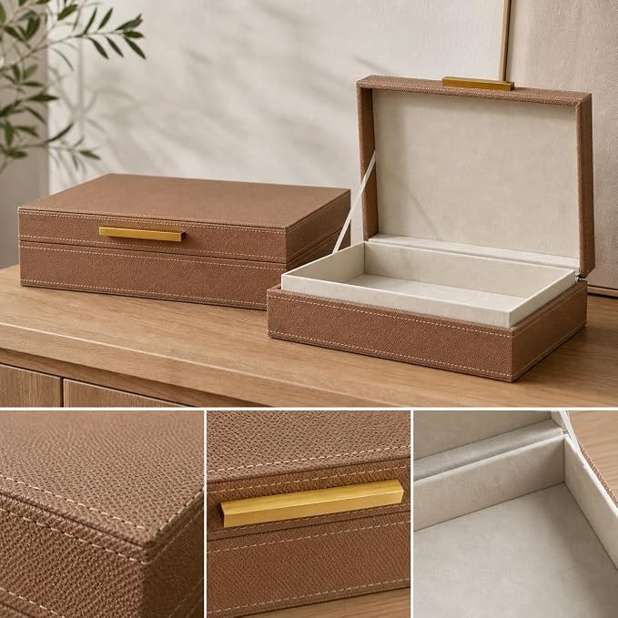 Decorative Storage Boxes with Lids, PU Faux Leather, 2 Pack, Brown | Bookshelf Home Decor Box with Gold Metal Handle, Store Photos, Documents and Memory Box Keepsakes
