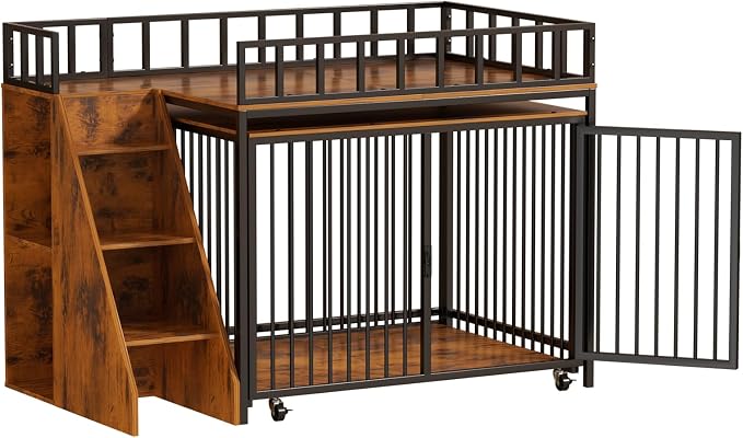 37" Dog Crate Furniture, Wooden Dog Kennel Indoor w/Storage(Rustic Brown) | Heavy Duty Pet Cage Indoor for Small & Medium Dogs, Dog Kennel with Storage Shelf, 4 Lockable Wheels and Stairs, Loft-Style