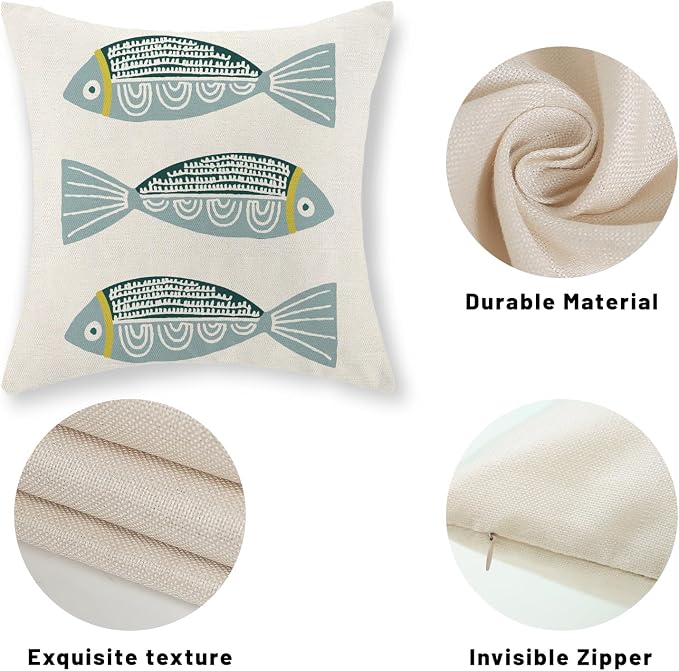 Coastal Pillow Covers 20x20 Inch Set of 2 Ocean Beach Blue Fish Throw Pillows Summer Natical Outdoor Decorative Pillow Cases Linen Farmhouse Cushion Cover for Couch Home Sofa Bedroom Decor