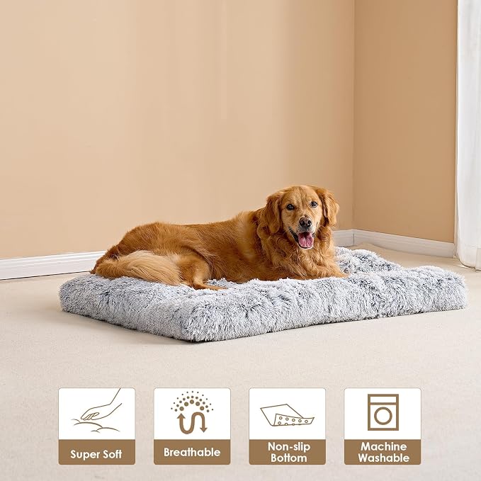 EHEYCIGA Fluffy Dog Crate Bed, Plush Extra Large Dog Pillow, Grey | Xlarge Calming Anti Anxiety Plush Faux Fur Mat for Large size dogs, Washable Soft Warm Dog Pad with Non-Slip Bottom