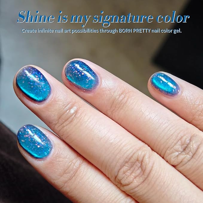 BORN PRETTY Blue Cat Magnetic Eye Gel Nail Polish Shimmer Glitter Holographic Aurora Blue Magnetic Gel Polish Nail Art Manicure DIY at Home 15ML