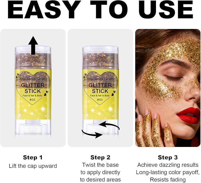 Gold Body Glitter Stick, Sparkling Hair Glitter Makeup for Kids and Women, Waterproof Face Hair and Body Glitter Makeup, Rave Accessories Carnival Chunky Sequins