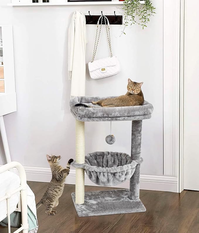 SYANDLVY Small Cat Tree for Indoor Cats, Activity Cat Tower with Scratching Post for Kittens, Cat Bed & Furniture with Basket & Hanging Ball for Play Rest | Scratching Post, Cat Bed & Furniture with Basket & Hanging Ball for Play Rest, Grey