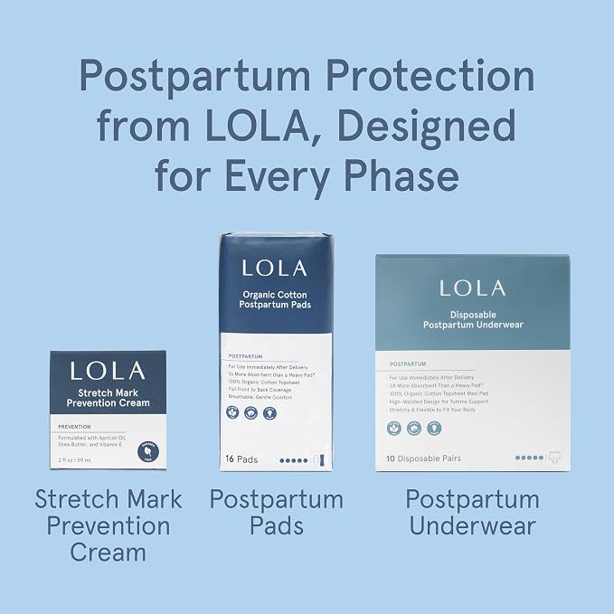 LOLA 100% Organic Cotton Postpartum Pads - 20 Count, Ultra Absorbent and Extra Long Pads, Overnight and Full Coverage, Adult Incontinence Pad for Women, Postpartum Essentials Phase 2