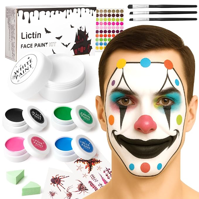 Lictin Black and White Face Body Paint with Green Pink Blue, Colorful Joker Makeup Face Paint, Professional Make Up Kit for Halloween, Costume, Cosplay, Carnivals for Adults & Kids