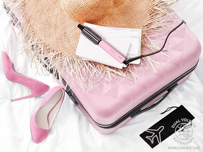 Farery Mini Thermal Brush 3 Temperature Adjustable, 3/4 Inch Travel Curling Iron for Short Hair, Heated Round Brush for Touch ups and Small Curls, Travel Size Curling Wand, Dual Voltage, Pink