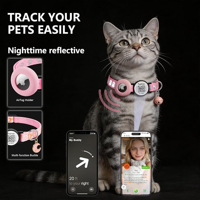 2 Pack Airtag Cat Collar, Breakaway Cat Airtag with Smart ID tag & QR Code Reflective (Star Moon & Paw Pattern - Pink, with Integrated AirTag Holder)