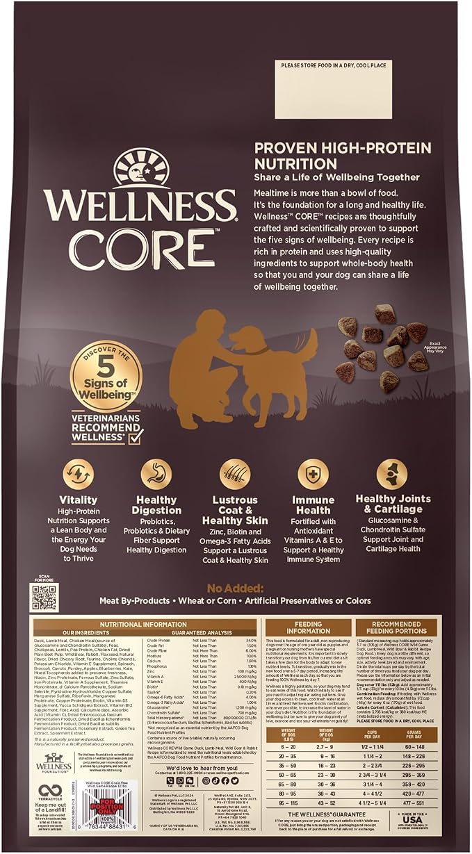 Wellness CORE Dry Dog Food, Grain-Free, High Protein, Natural, Wild Game Duck, Lamb, Wild Boar, & Rabbit Recipe, (12-Pound Bag)