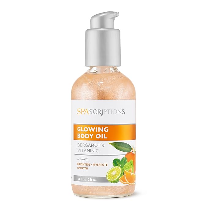 SpaScriptions Bergamont & Vitamin C Body Oil - After Shower Infused Body Oil for Radiant, Glowing Skin, Hydrating Lightweight Non-Greasy Daily Moisturizer for Women in Premium Glass Bottle, 8 oz
