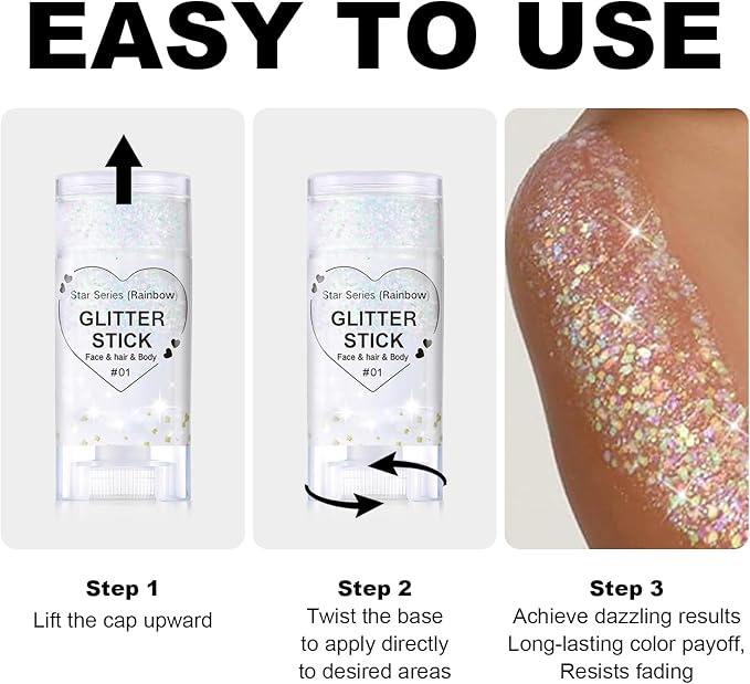 Sparkling Rainbow Body Glitter Stick, Holographic Hair Glitter, Waterproof Face Hair and Body Glitter Makeup, Shimmer Face Glitter Makeup for Kids and Women