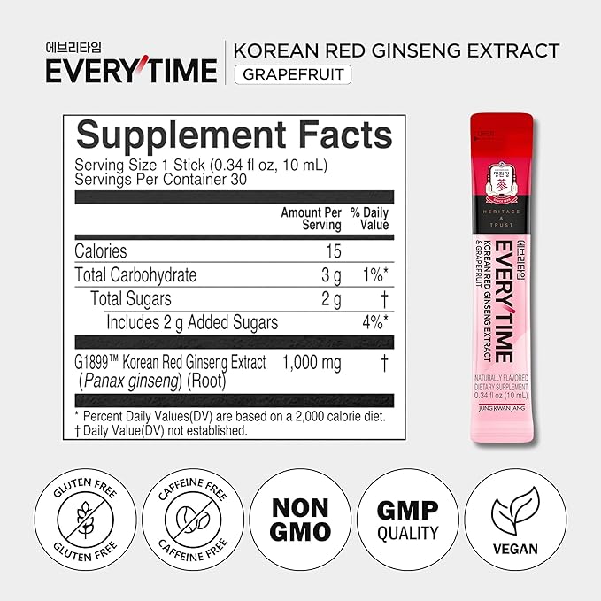 JUNG KWAN JANG Everytime Korean Red Ginseng Extract 1,000mg & Grapefruit - Vegan Ginseng Root Energy Drink Liquid Stick Supplements - Builds Stamina & Immunity, No Caffeine (10 Sticks, 0.34 fl oz)