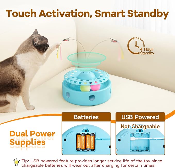 Potaroma Cat Toys 3-in-1 Automatic Interactive Kitten Toy, Fluttering Butterfly, Random Moving Ambush Feather, Track Balls, Dual Power Supplies, USB Powered, Indoor Exercise Cat Kicker (Blue) | Fluttering Butterfly, Random Moving Feather, Balls, Dual P...