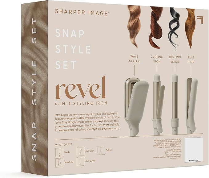 Sharper Image® Revel 4-In-1 Styling Iron |4 Attachments| Multi-Styler 1" Curling Wand, Wave Styler, Flat Iron| Adjustable Heat| Ceramic Tourmaline Technology|Hair Straightener & Curler| Gift for Women