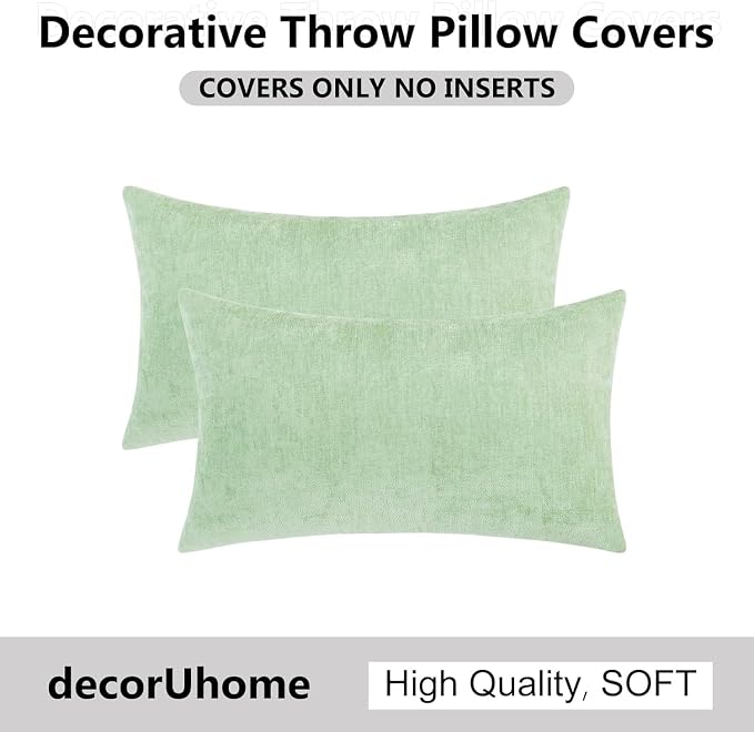 decorUhome Soft Chenille Sage Green Throw Pillow Covers 12X20 Set of 2 | Decorative Fall Couch Pillow Covers Solid Dyed Accent Modern Farmhouse Neutral Rectangle Pillow Cases for Sofa
