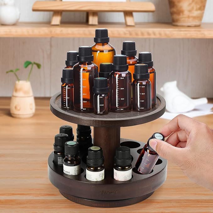 TJ.MOREE Bamboo Essential Oil Organizer 2-Tier Carousel Holder Black Walnut | Bamboo Material, Fits 5 ml to 30 ml Essential Oil Bottles, Suitable for Home and Office Spaces