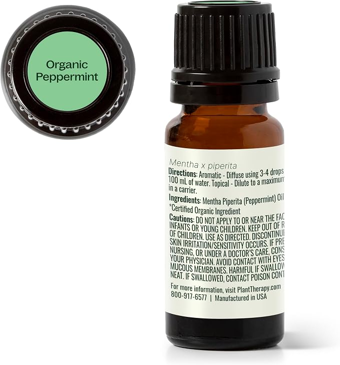 Plant Therapy Organic Peppermint Essential Oil 10 mL (1/3 oz), 100% Pure, Undiluted, USDA Certified Organic, Undiluted, Natural Aromatherapy, for Neck Tension and Muscle Discomfort