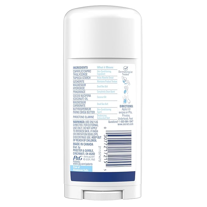 Secret Whole Body Deodorant Dry Feel Stick + Absorbs Sweat for Women, Naturally Derived Ingredients, Completely Clean Scent, Aluminum Free Deodorant Stick, 72 HR Odor Protection, 2.4 oz