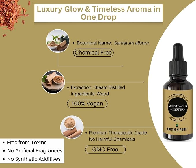 Earth N Pure Sandalwood (Chandan Oil) Essential Oil for Skin- Natural and Therapeutic Grade with Glass Dropper - 30 ml