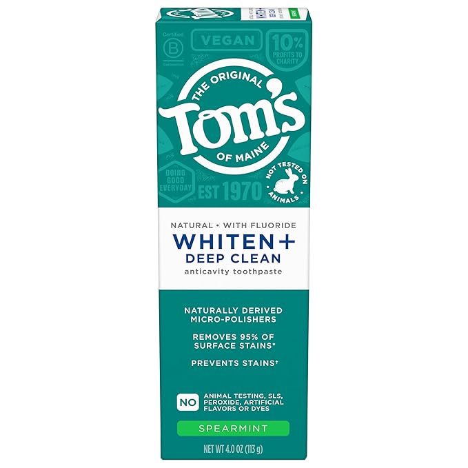 Tom's of Maine Whiten Plus Deep Clean Whitening Toothpaste, Natural Whitening Toothpaste with Plant-Based Cleansers, Enamel Safe, Whitens Without Causing Sensitivity, Spearmint, 4.0 Oz (Pack of 3)