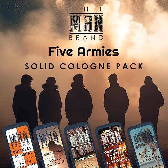 Solid Cologne Set of 5 with Bay Rum Wax Fragrance, Bourbon Perfume Balm, Business As Usual, Lumberjack, and Mysetry Man - Wax Perfume Sampler Set (Five Armies - 5 Pack - 0.75 oz each)
