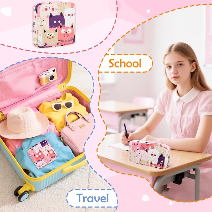 22 PCS First Period Starter Kit Gift for Teen Girls Period Bags for Teen Tweens Girls with Sanitary Pad Storage Bag, Wipes, Menstrual Tracker, Disposal Pouches and More (Cats)