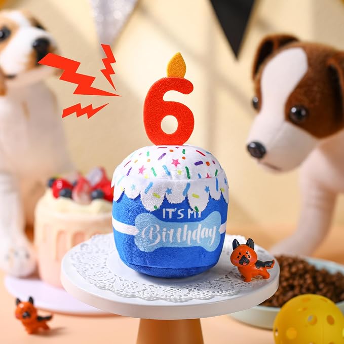 Dansydaisy Dog Birthday Cake Toy Squeaky Plush Gift,6th,Blue