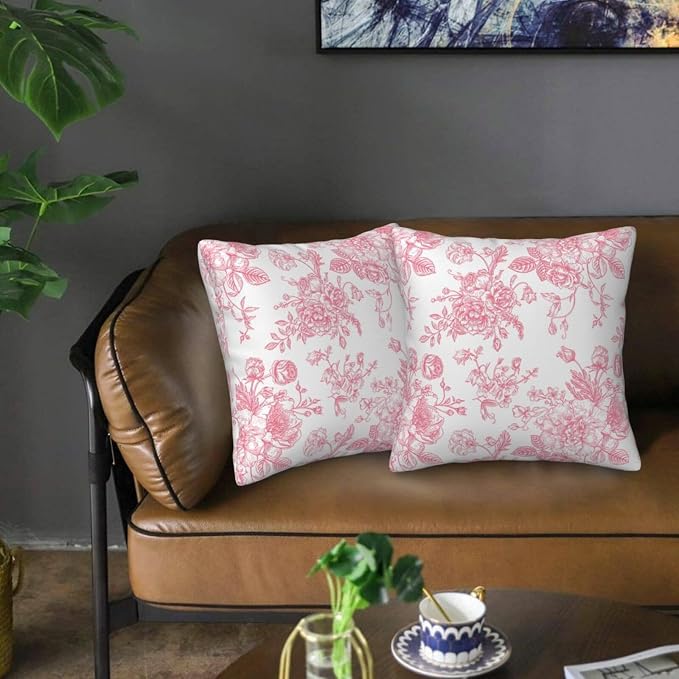 Vintage Pink Floral Throw Pillow Covers 16x16 Set of 2 Chinoiserie Farmhouse Decor Cushion Cases