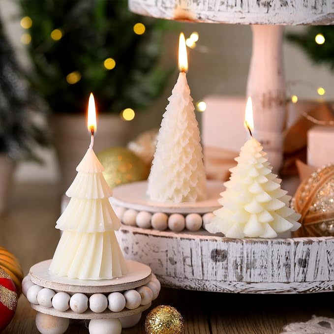 Conelist 6 Pcs Christmas Tree Candles Christmas Tree Shaped Taper Candles Decorative Xmas Wax Scented Candlesticks for Xmas Eve Winter Holiday Home Table Decoration Gift(White,Green,Classic Style)