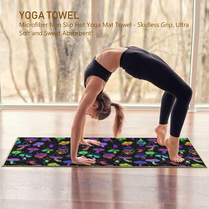 Colorful Mushroom Yoga Mat Towel Non Slip Soft Sweat Absorbent Hot Yoga Mat Towel, for Hot Yoga, Pilates and Workout-73 x 27 Inch