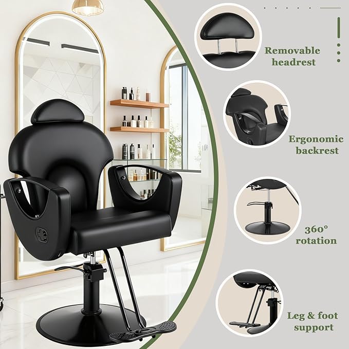 All Black Salon Chair Reclining Hair Chair for Hair Stylist, Heavy Duty Hydraulic Pump Barber Chairs, 360 Swivel Styling Chairs for Home Barbershop Beauty Spa Equipment