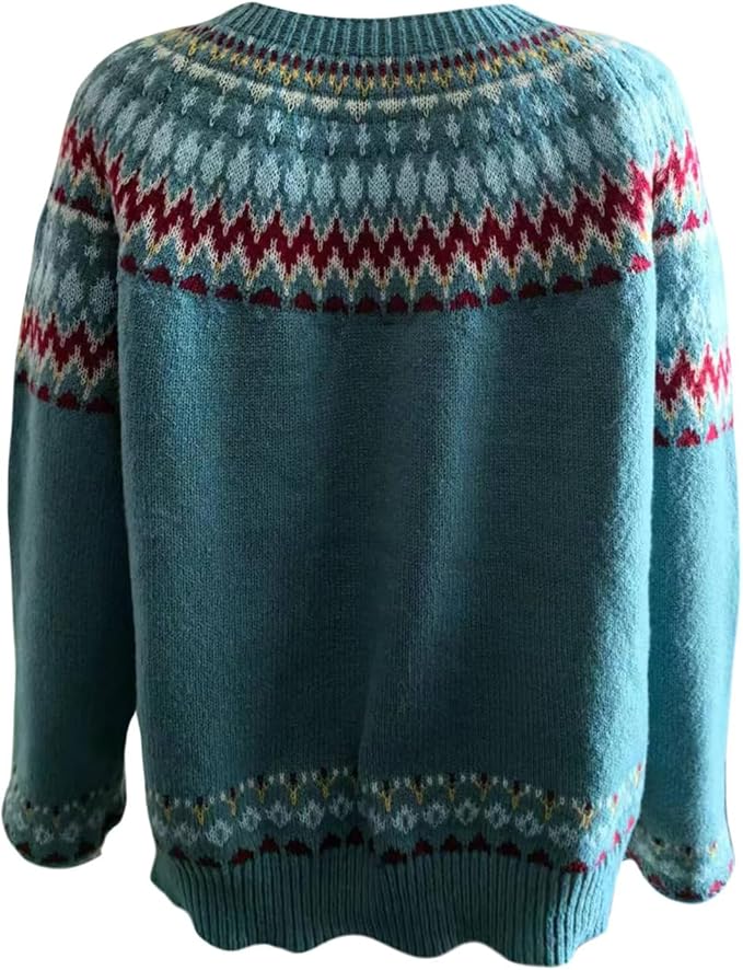 Zhyaj Fair Isle Sweater for Womens Winter Long Sleeve Vintage Knitted Sweater Casual Fall Crew Neck Pullover Sweaters