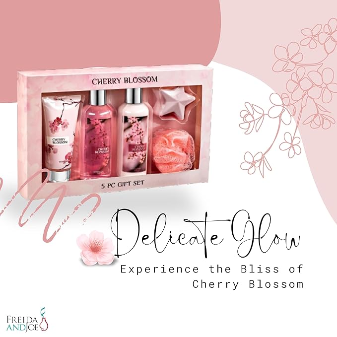 Freida & Joe Fragrance Bath & Body Collection Gift Box, Includes Shower Gel, Body Lotion, Body Scrub, Bath Bomb & Sponge (Japanese Cherry Blossom)