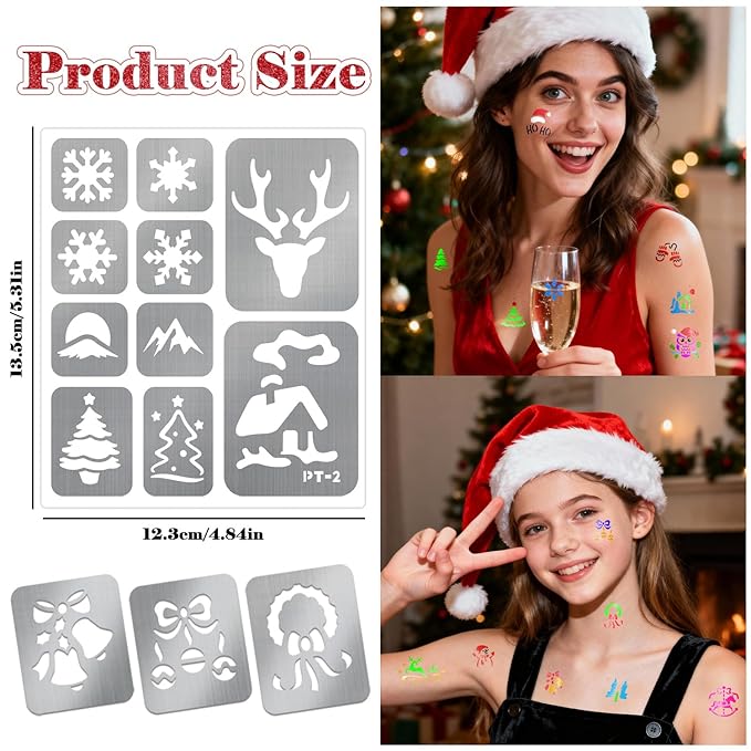 8 Metallic Temporary Tattoo Markers for Kids Adults, 155+ Christmas Santa Snowman Tattoo Stencils, Girl Boy Women Face Body Paint Cosmetic Tattoos Pens for Skin DIY Xmas Stocking Stuffers Party Favor
