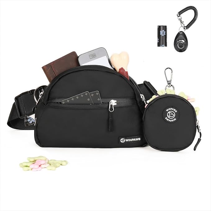 Dog Treat Pouch Pet Training Walking Fanny Pack with Built-in Poop Bag Dispenser & Waste Bag Holder | Stylish Puppy Training Essentials Supplies | Free Dog Clicker (Black)