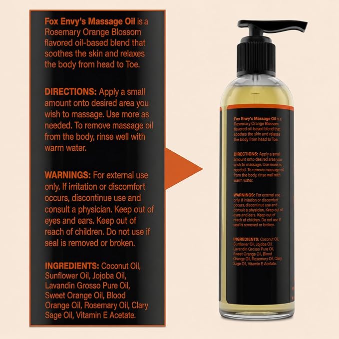 Massage Oil for Couples, Women & Men (1 Bottle, 8 fl oz) - Fox Envy Orange Blossom with Rosemary Scented Sensual Oil with Coconut Oil & Jojoba Oil - Enhances Stimulation for The Body & Muscles