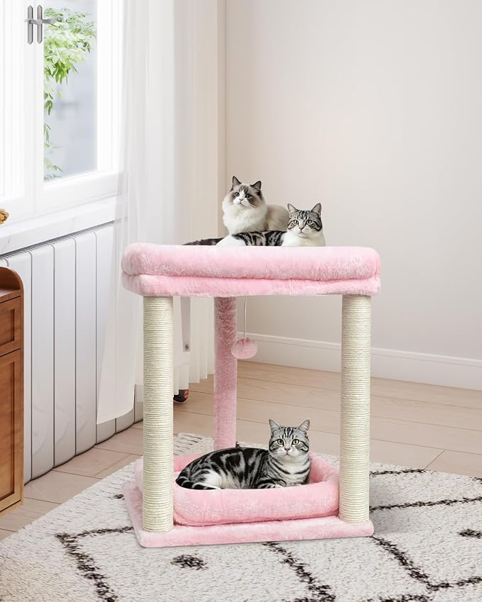 SYANDLVY Small Cat Tree for Indoor Cats with 2 Levels Perch Platforms | Natural Sisal Scratching Post Tower with Hanging Bell Ball & Anti-Tip Strap, Stable Cat Perch Furniture for Kittens, Pink