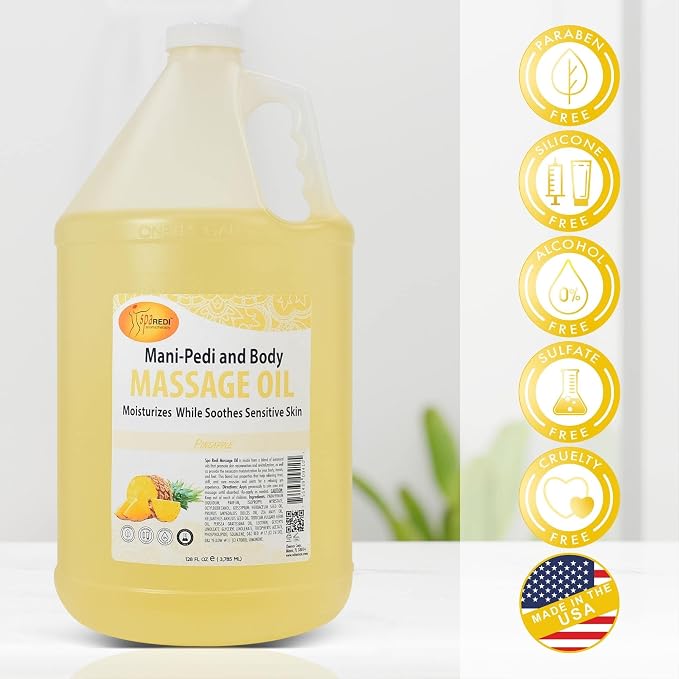 SPA REDI Pineapple Massage Oil – 5-Botanical Blend with Almond, Avocado & Vitamin E | Professional Spa & At-Home Full Body Use | Cruelty-Free, Sulfate-Free, Silicone-Free, Zero-Residue | 128 oz