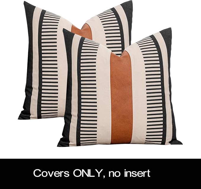 Set of 2 Farmhouse Striped Pillow Cover 18x18 Boho Accent Cushion Case Faux Leather Decorative Pillowcase,Black and Beige (Cover ONLY)