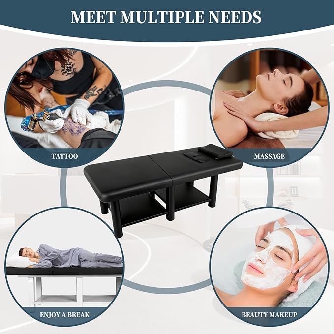 Stationary Massage Table with Storage Space & Backrest, Alloy Steel Frame Massage Bed PU Leather with Open-Chest, Adjustable Spa Facial Bed for Treatment Physical Therapy Table & Salon Equipment