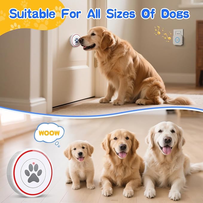 Dog Door Bell for Potty Training, IP55 Waterproof, 55 Ringtones, 0-115dB | Touch-Activated Wireless Dog Bell Helps Puppies Signal Outside, 5 Volume Levels and Waterproof Button for Indoor/Outdoor Use