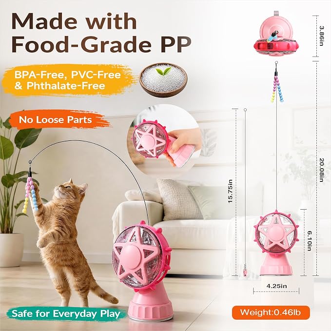 Interactive Cat Treat Dispenser Toy, 2-in-1 Slow Feeder & Wand Pink | Boredom Buster, Mental Stimulation, Puzzle Toy, Adjustable Slow Feeder, Suction Cup, Enrichment, Indoor Cats & Small Dogs