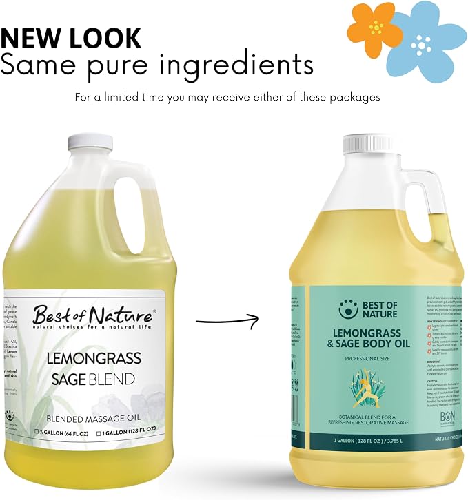 Best of Nature Lemongrass and Sage Massage Oil Blend - Non-Greasy Aromatherapy Massage Oil for Body, Skin & Face, Crafted with Pure Essential Oils, Half Gallon (64 fl oz)