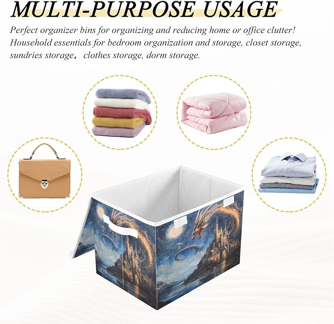 Dream Castle Dragon Storage Bins with Lids and Carrying Handle,Foldable Storage Boxes Organizer Containers Baskets Cube with Cover for Home Bedroom Closet Office